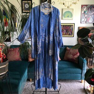 KIOTI size S / M Blue Indonesian Batik 2 Pc Lagenlook Artsy Dress & Jacket Set